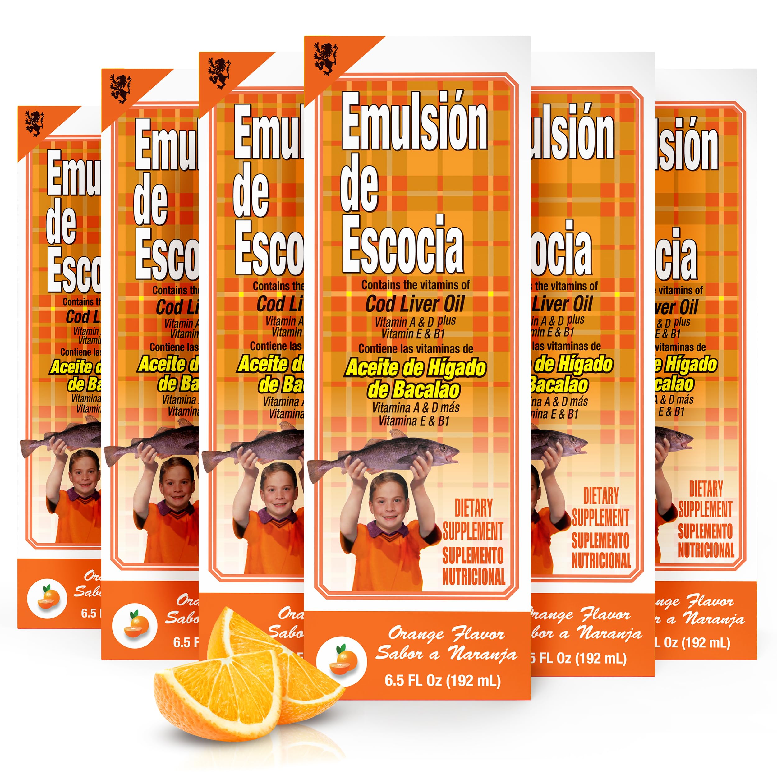 Emulsion de Escocia orange bottle front showing kid-friendly omega-3 supplement for daily nutrition.