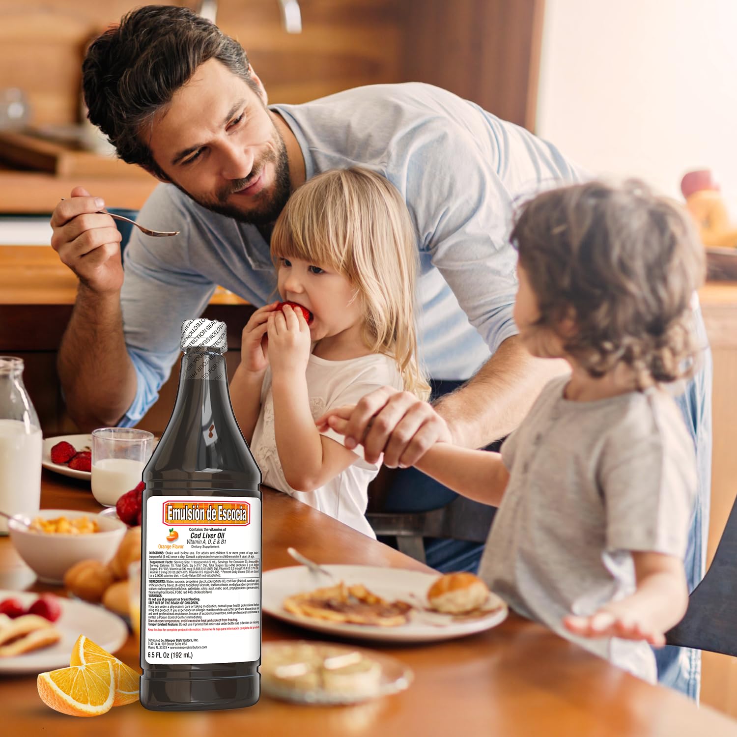 Six-pack packaging of Emulsion de Escocia orange flavor omega-3 supplement for families.