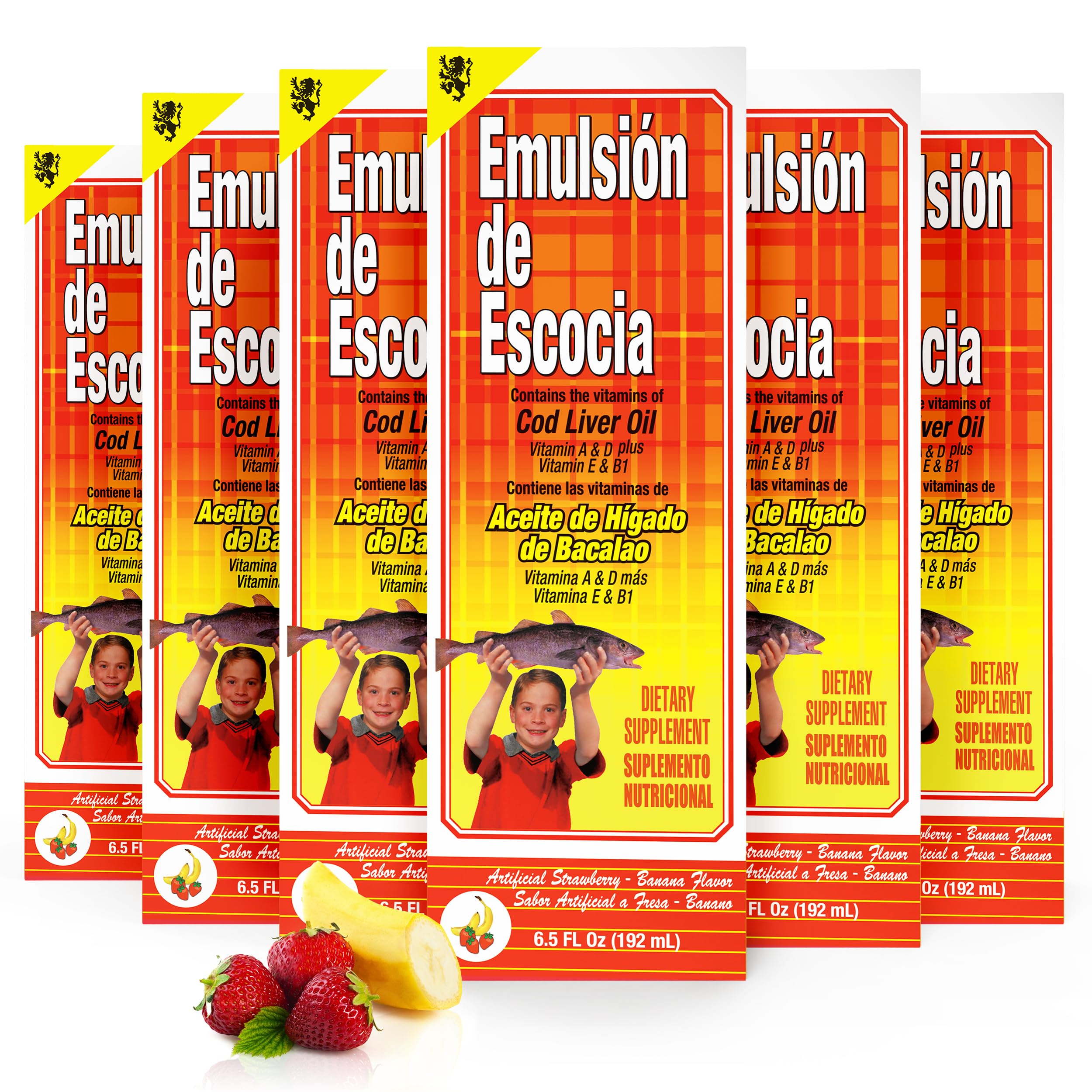 Emulsion de Escocia strawberry banana bottle front, kid-friendly omega-3 supplement.