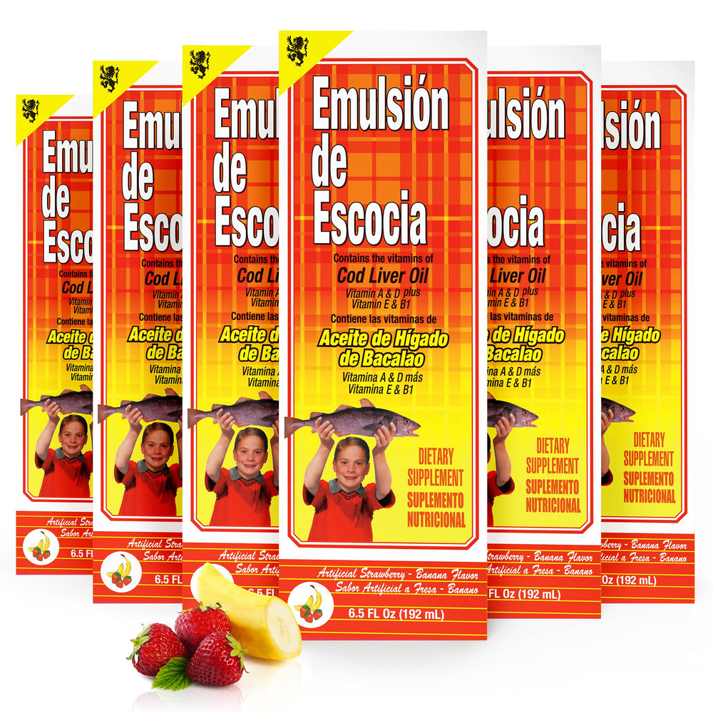 Emulsion de Escocia strawberry banana bottle front, kid-friendly omega-3 supplement.