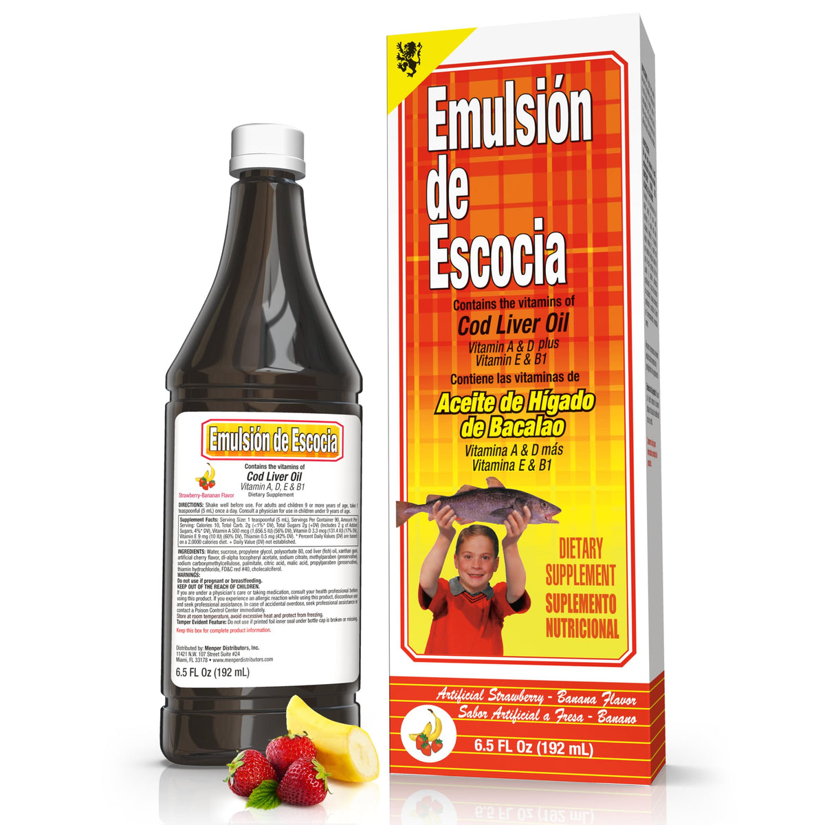 Emulsion de Escocia bottle pour with strawberry-banana cod liver oil.