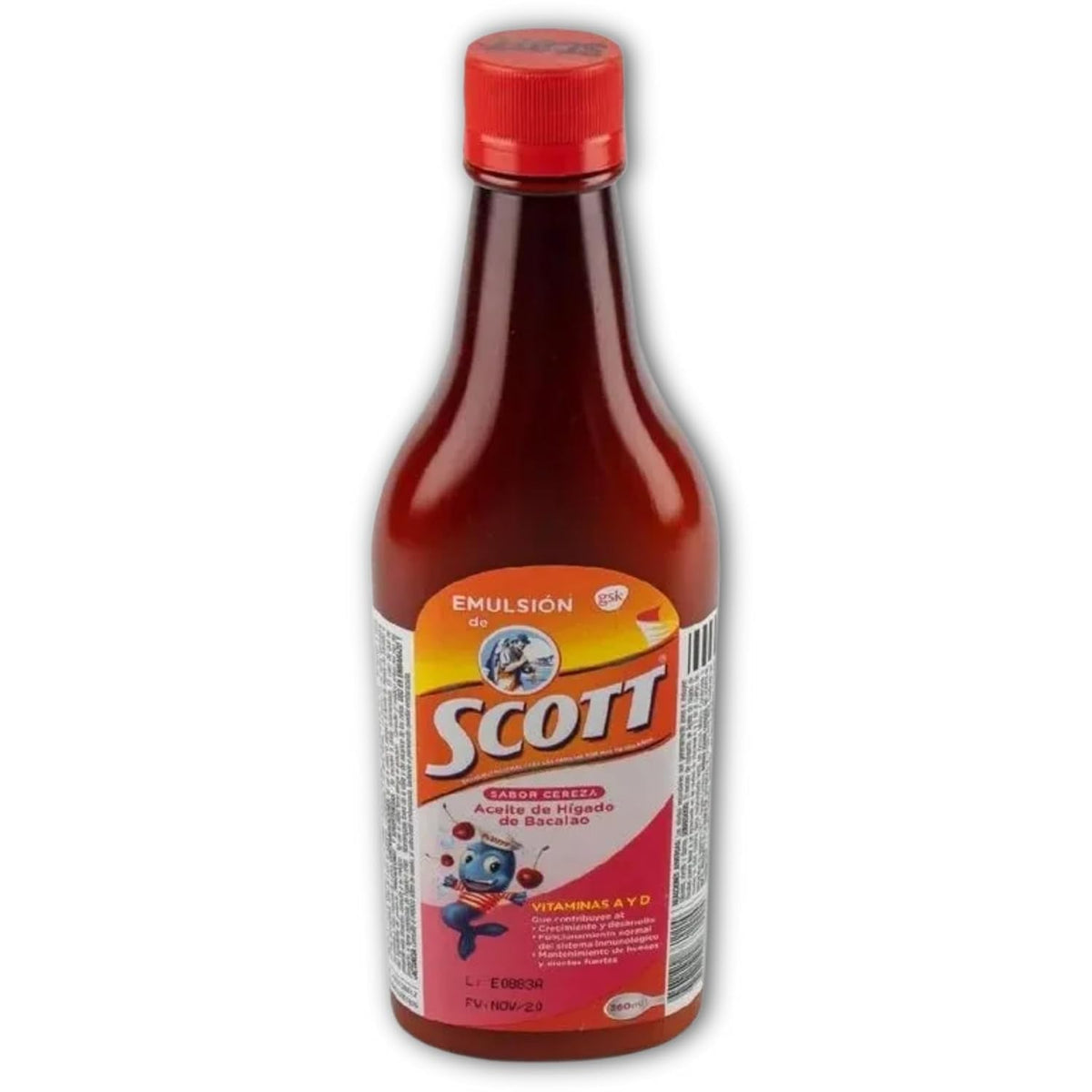 Emulsion de Scott Cherry bottle promotes kid-friendly nutrition with omega-3 and vitamins
