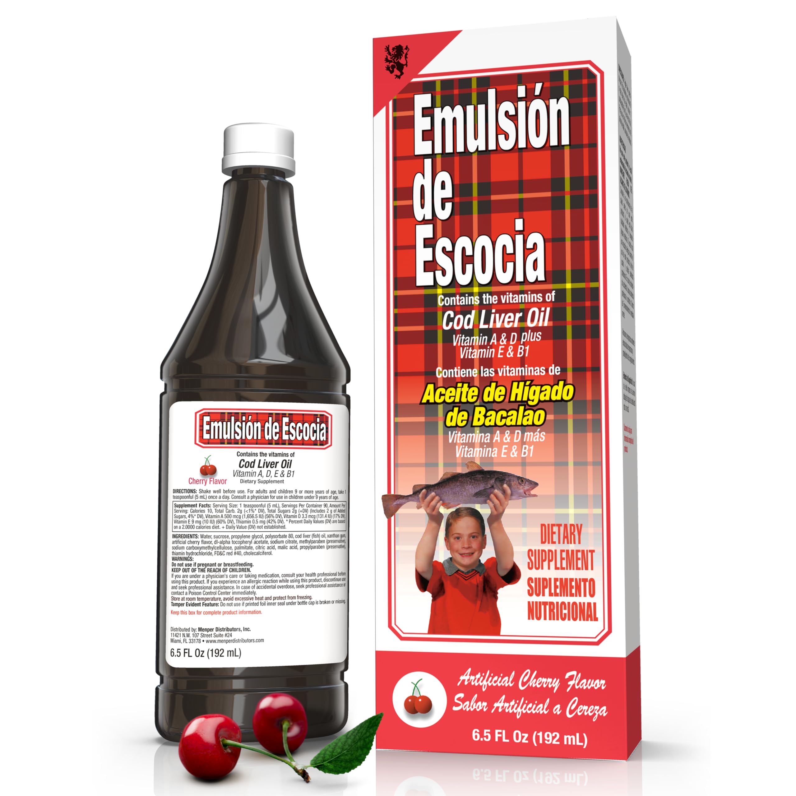 Emulsion of Scotland cod liver oil bottle with cherry flavor supporting immune health