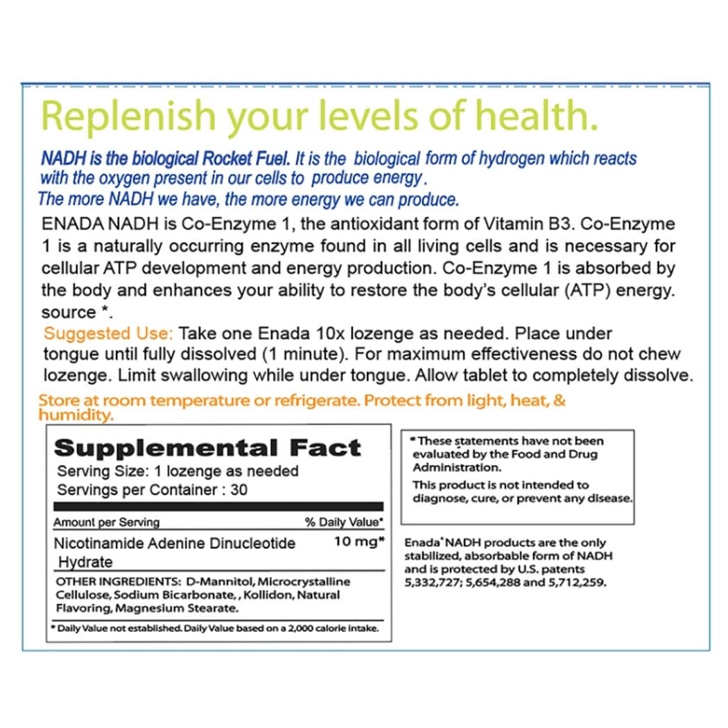 ENADA 10X NADH bottle with lozenges for convenient daily energy support