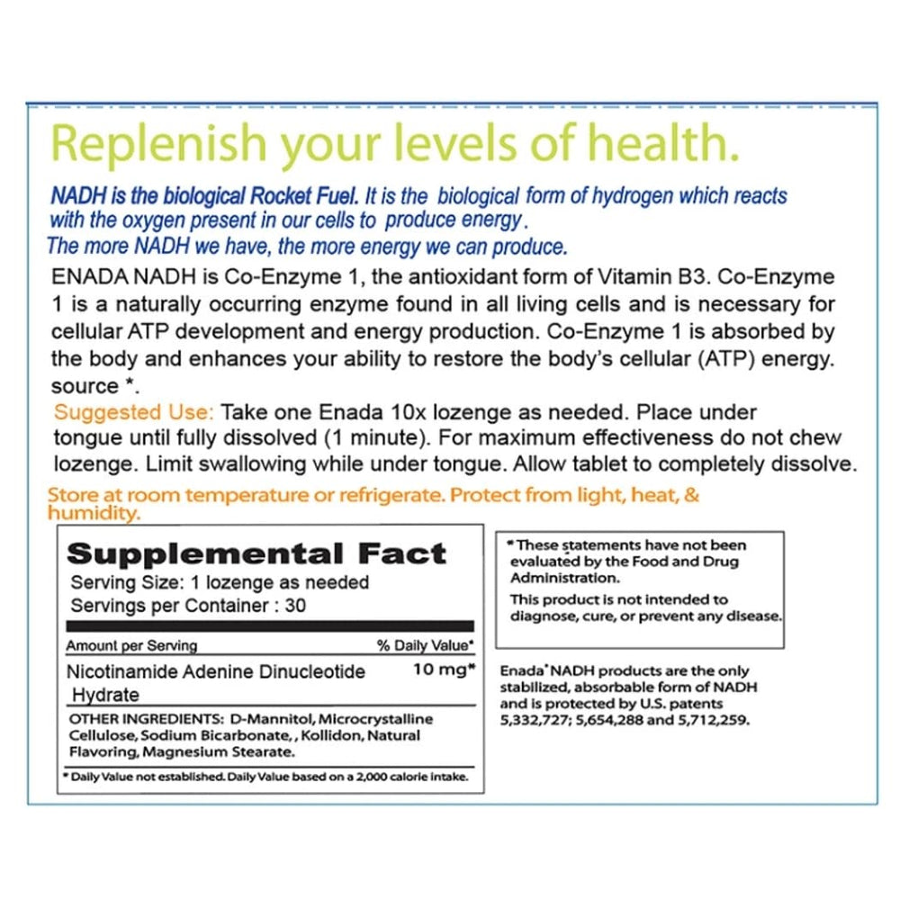 ENADA 10X NADH bottle with lozenges for convenient daily energy support