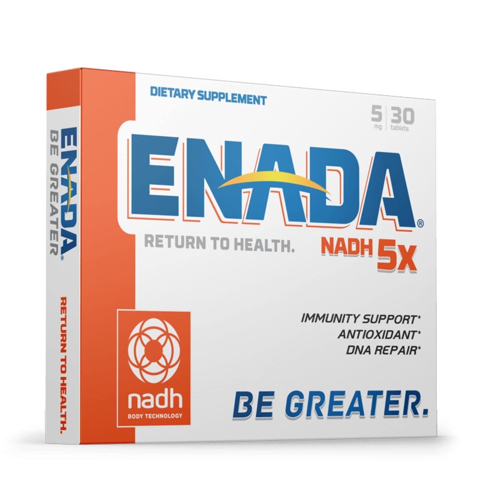 ENADA NADH 5 mg bottle shown; supports daily energy and cellular vitality.