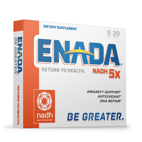 ENADA NADH 5 mg bottle shown; supports daily energy and cellular vitality.