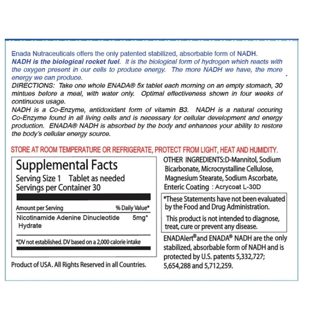 ENADA NADH tablet dissolved under tongue for fast absorption and convenience.