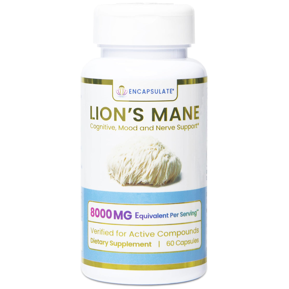 Encapsulate Lion’s Mane 8:1 extract capsule bottle highlighting potency for cognitive support.