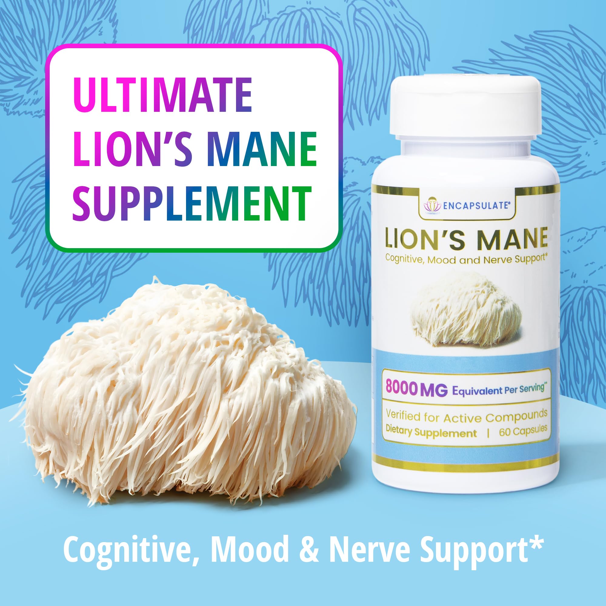 Encapsulate Lion’s Mane capsules poured into water illustrate easy daily dosing.