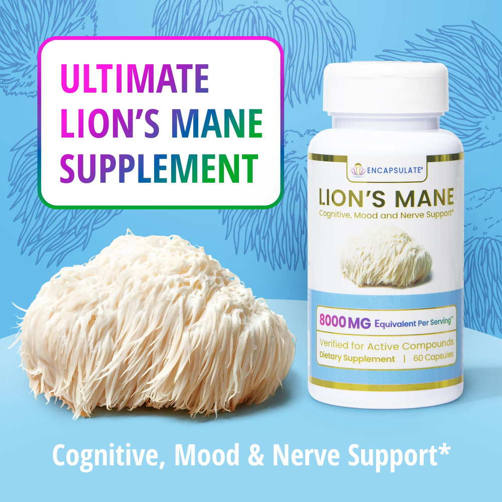 Encapsulate Lion’s Mane capsules poured into water illustrate easy daily dosing.