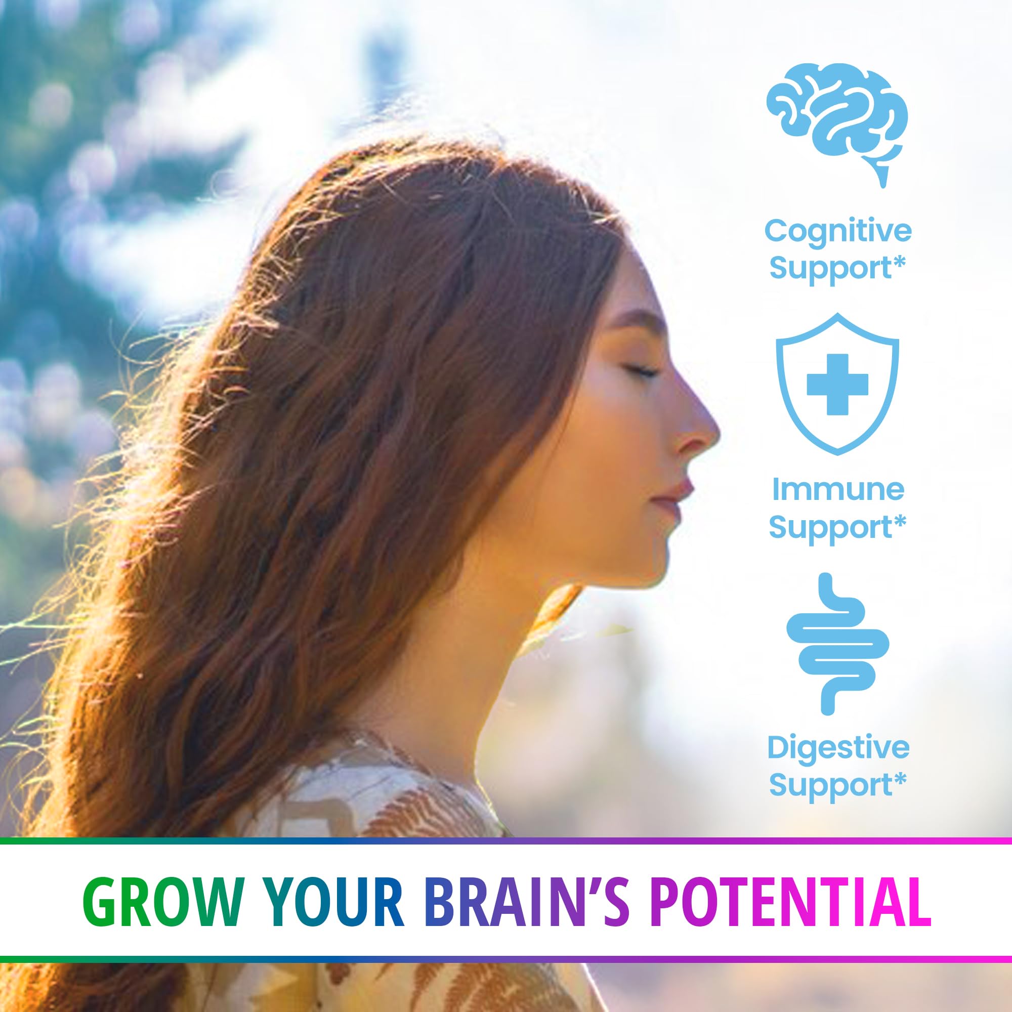 Encapsulate Lion’s Mane vegan capsules beside gluten-free icon.