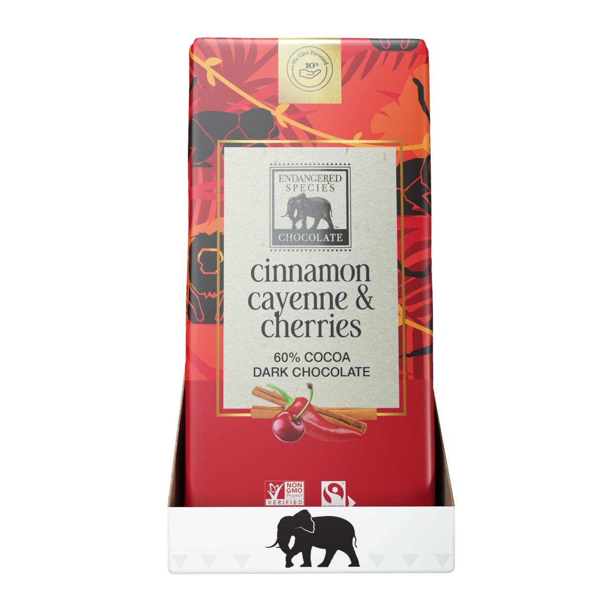 Two pieces of Endangered Species chocolate showcasing cinnamon spice and fruit center