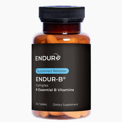 Endurance Products ENDUR-B Complex SR bottle label highlights sustained-release B vitamins for steady energy.