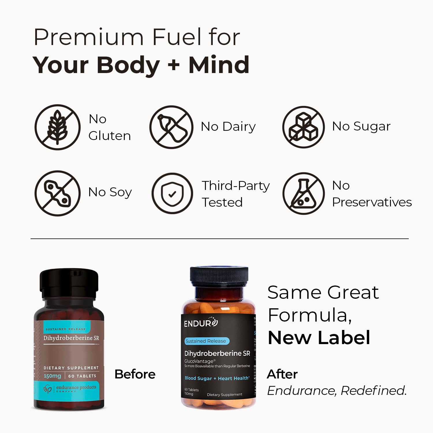 Endur Dihydroberberine SR label indicates gluten-free and vegan options