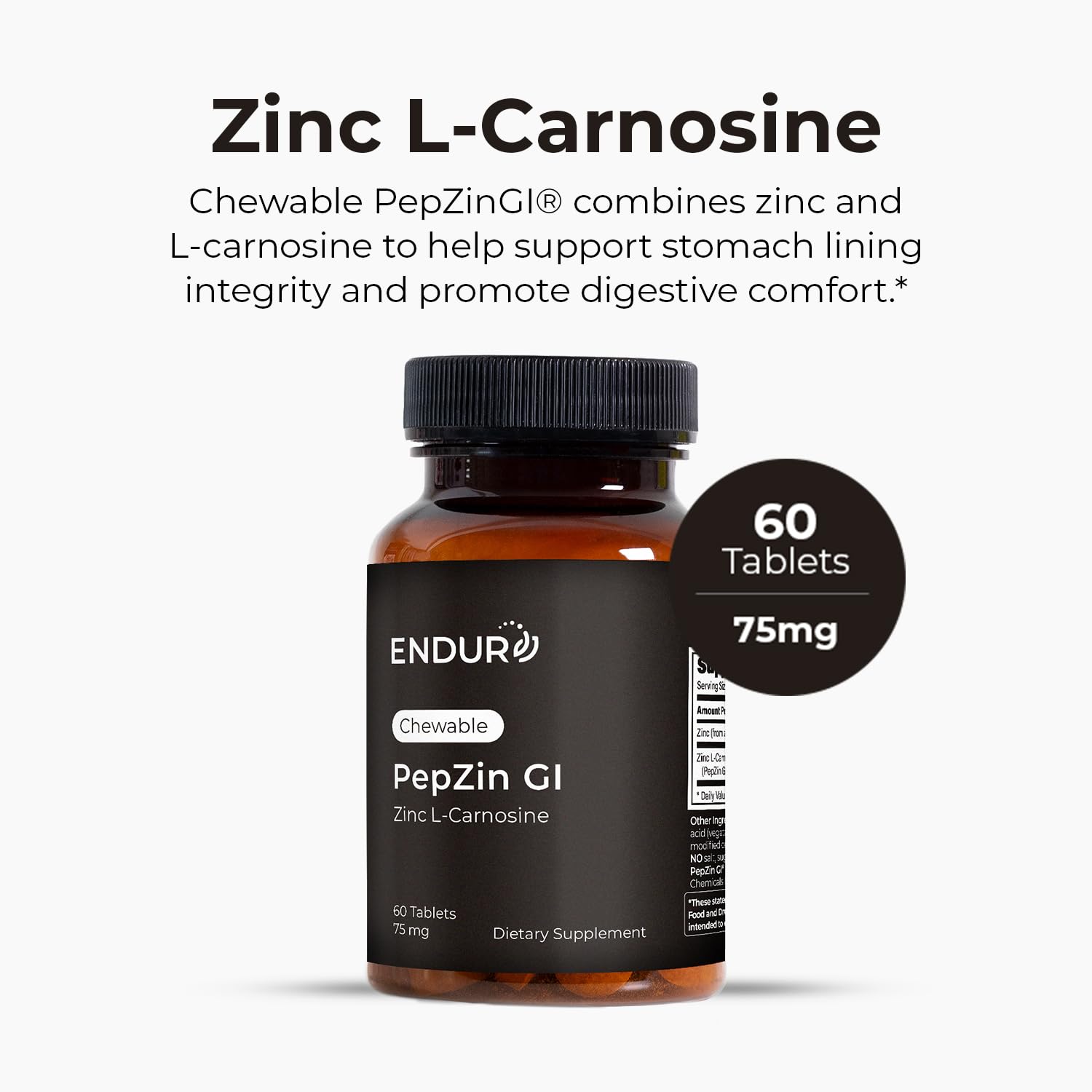 Endurance PepZinGI chewables closeup highlighting easy-to-take daily tablets.
