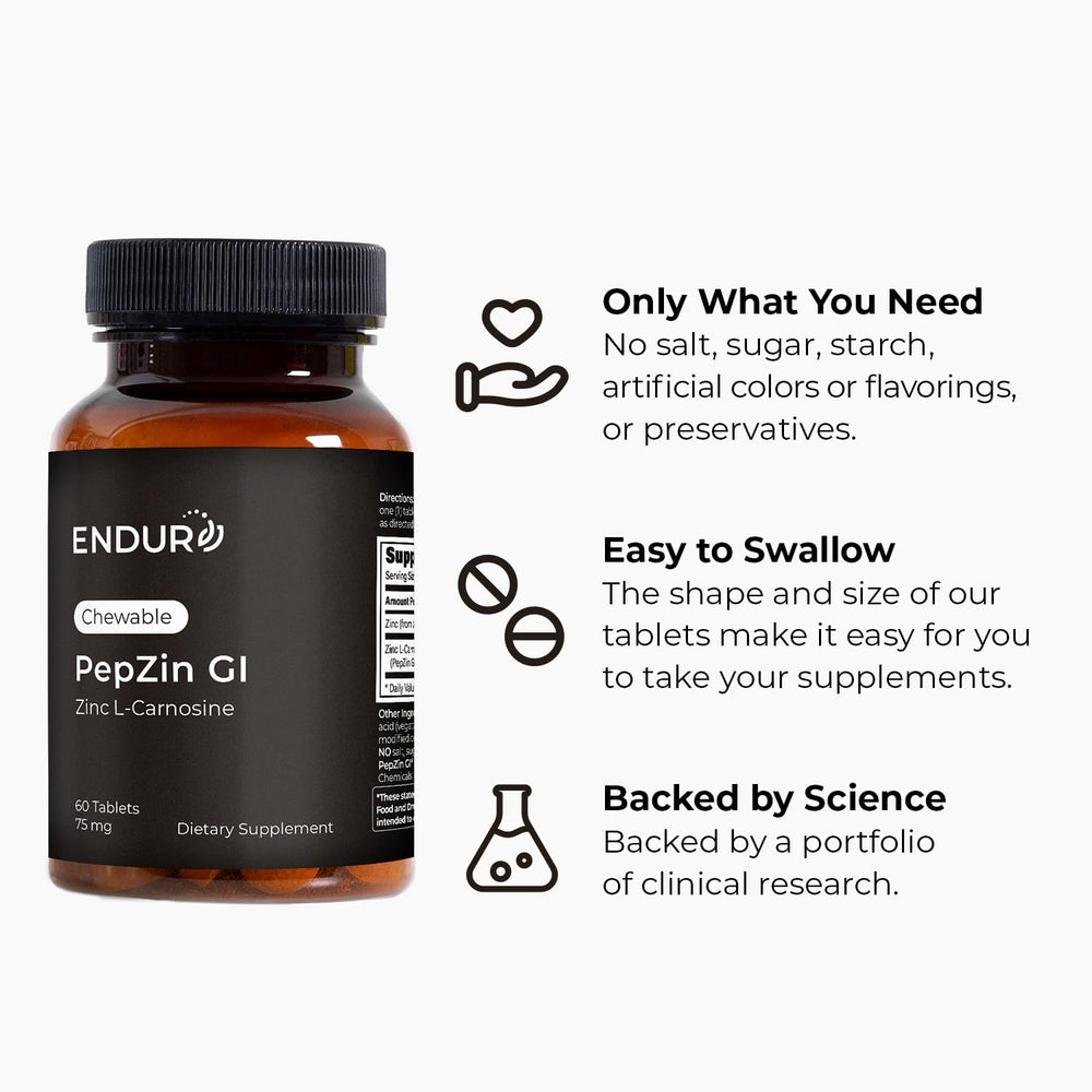 Endurance PepZinGI gluten-free stamp confirms allergy-conscious formulation.