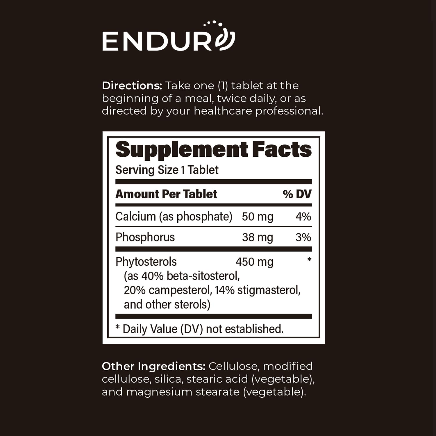 Phytosterols source information on Endur label showing plant-based blend