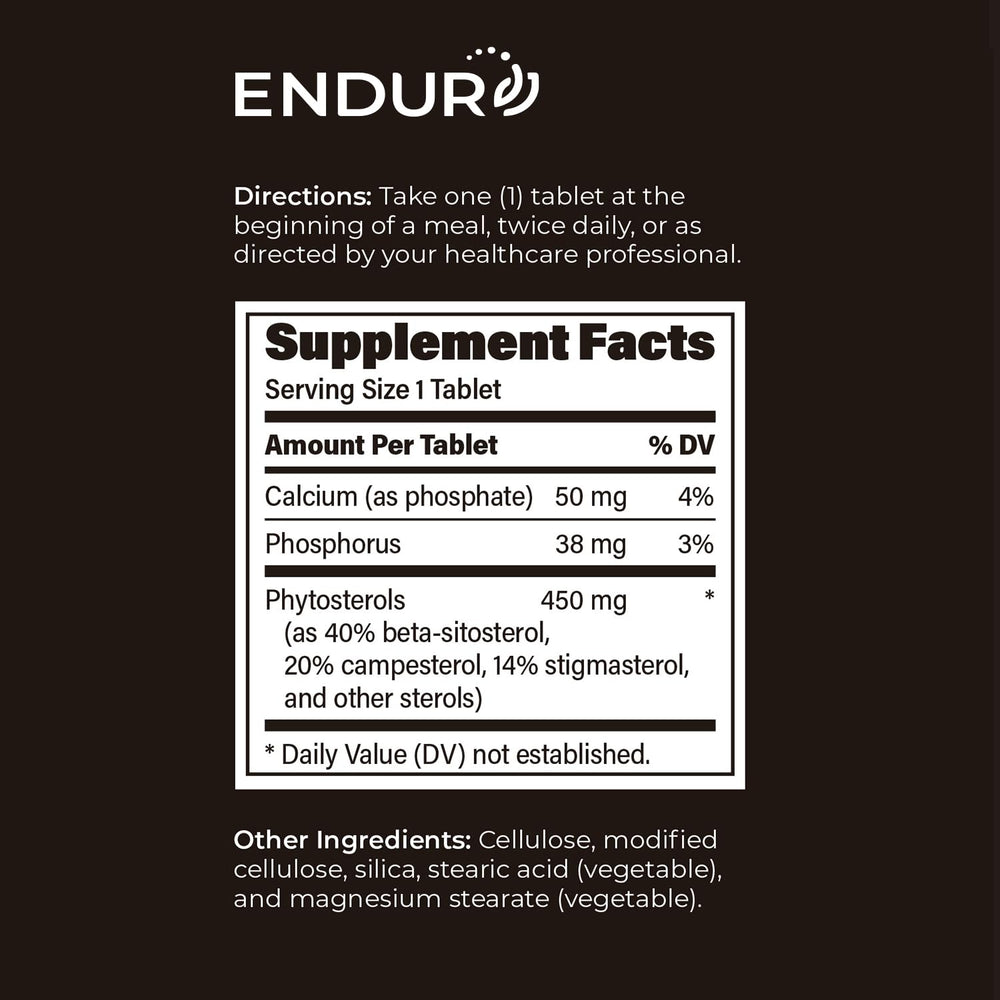 Phytosterols source information on Endur label showing plant-based blend