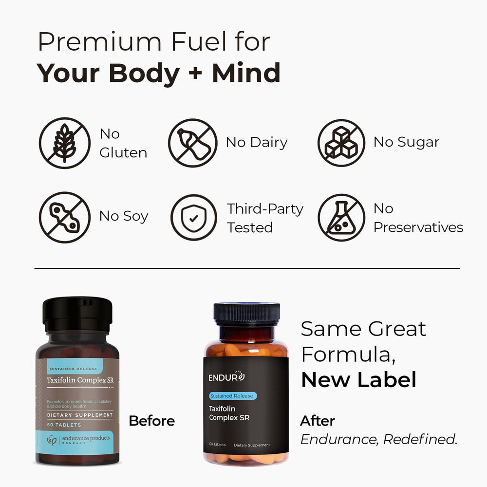 Endur Taxifolin Complex SR label close-up, detailing gluten-free vegan formula.