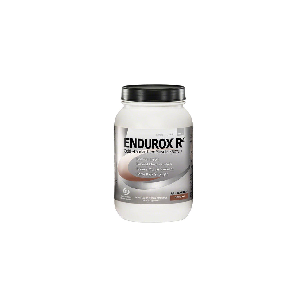 Endurox R4 chocolate tub front view showing post-workout recovery formula for muscle support