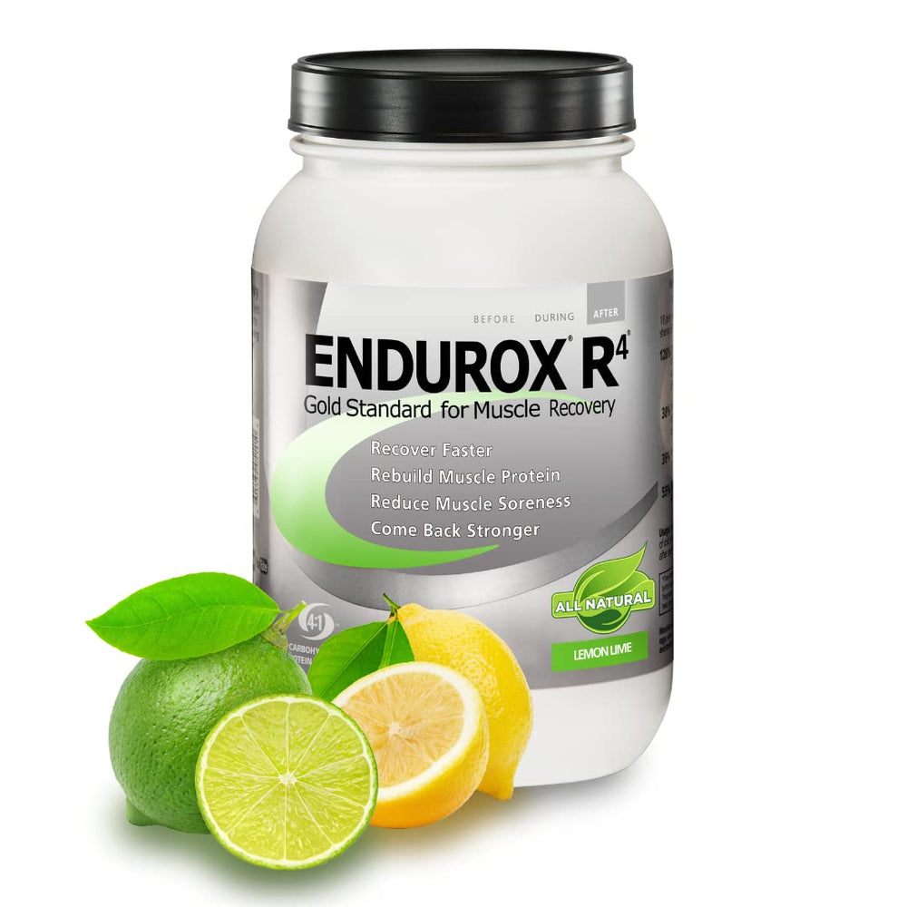 Endurox R4 lemon-lime tub for post-workout recovery and glycogen replenishment.