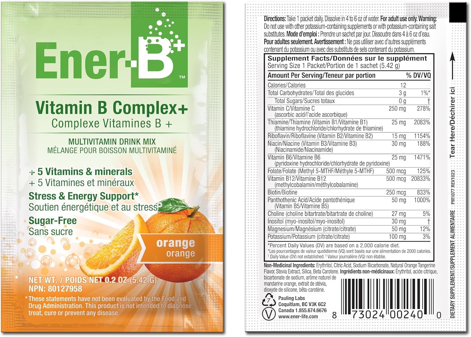 Ener-B+ orange dissolved in water demonstrates vibrant flavor without sugar.
