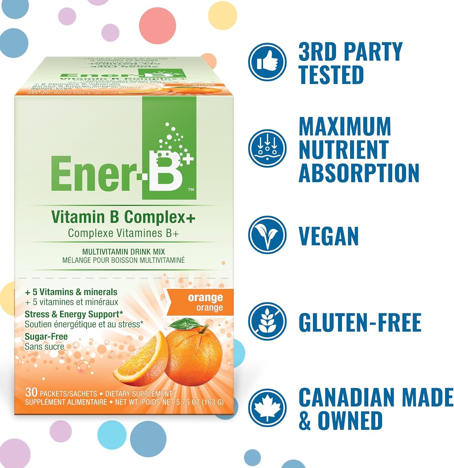 Ener-B+ orange packaging front highlights vegan, gluten-free features.