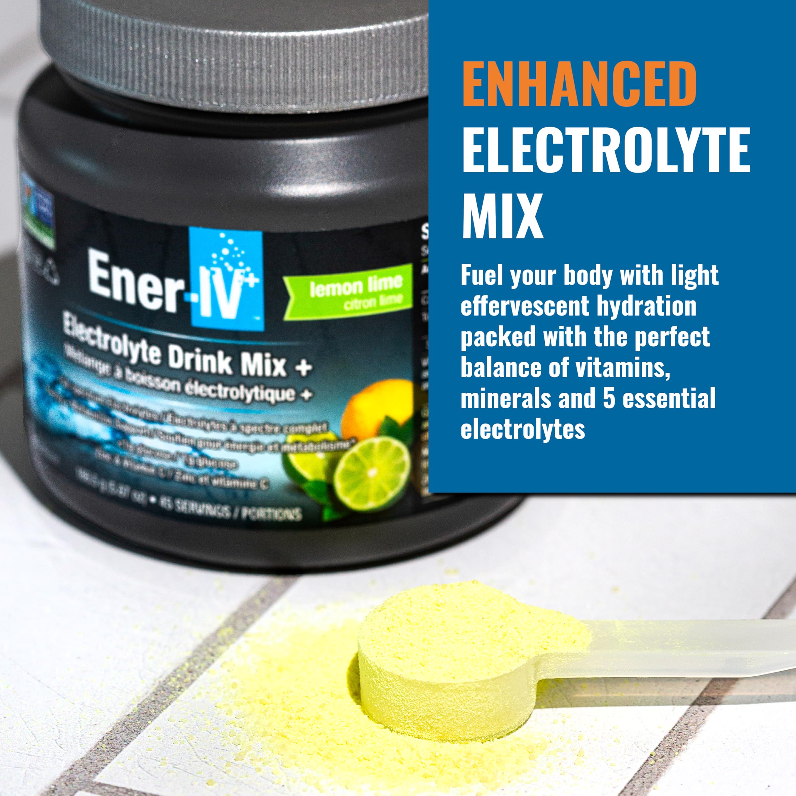 Ener-C EnerIV lemon-lime tub back label detailing electrolyte blend.