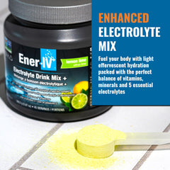 Ener-C EnerIV lemon-lime tub back label detailing electrolyte blend.
