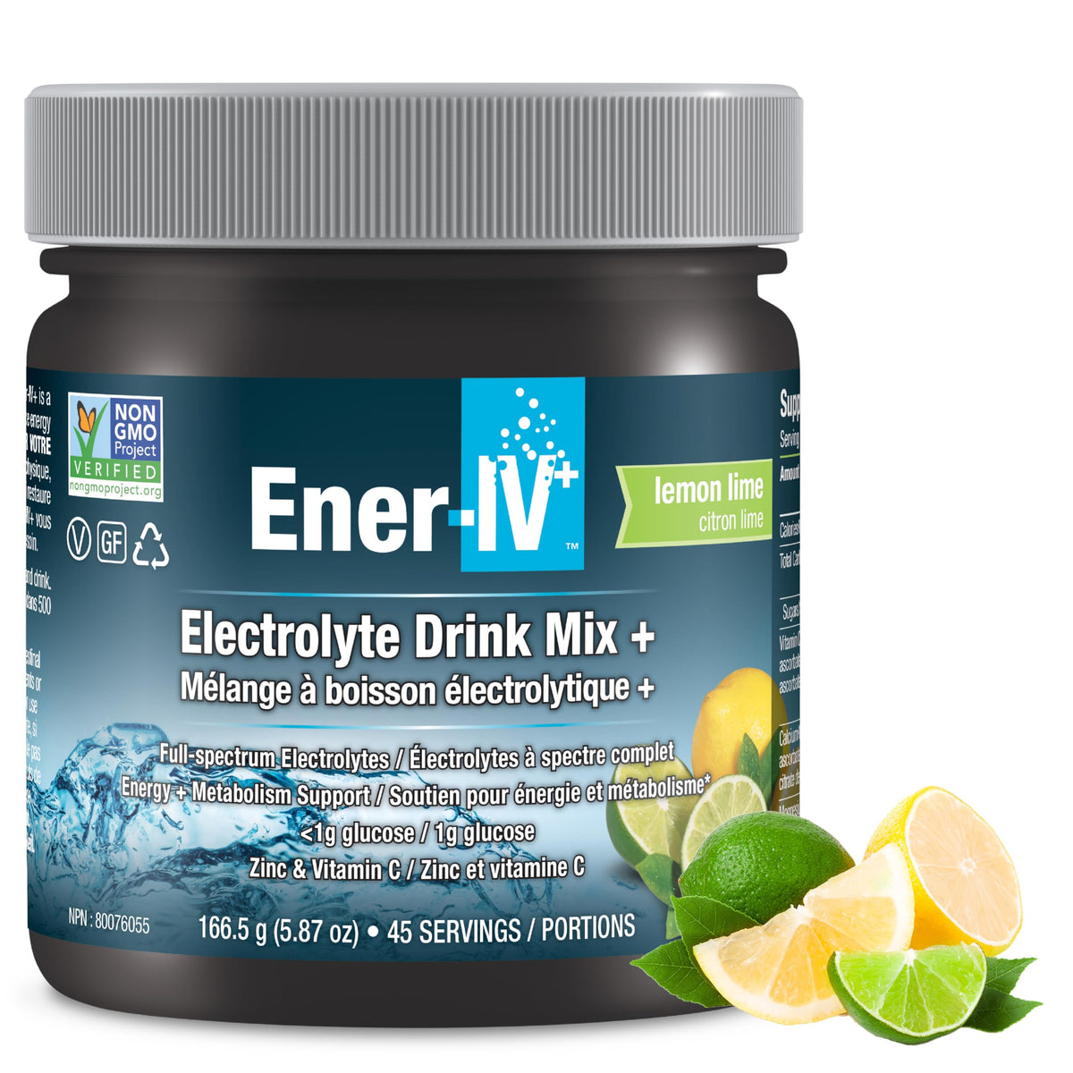 Ener-C EnerIV lemon-lime tub front view highlighting hydration-focused powder.