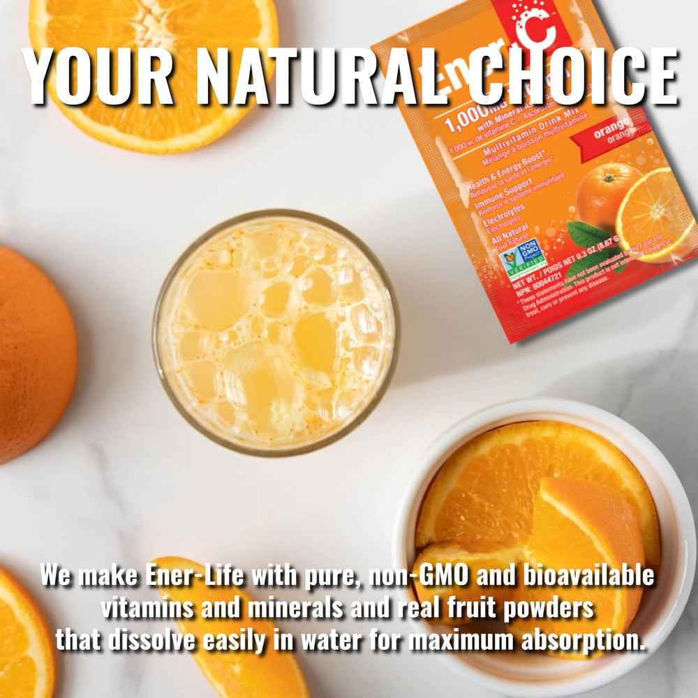 Ener-C orange drink mix being stirred during a busy workday.