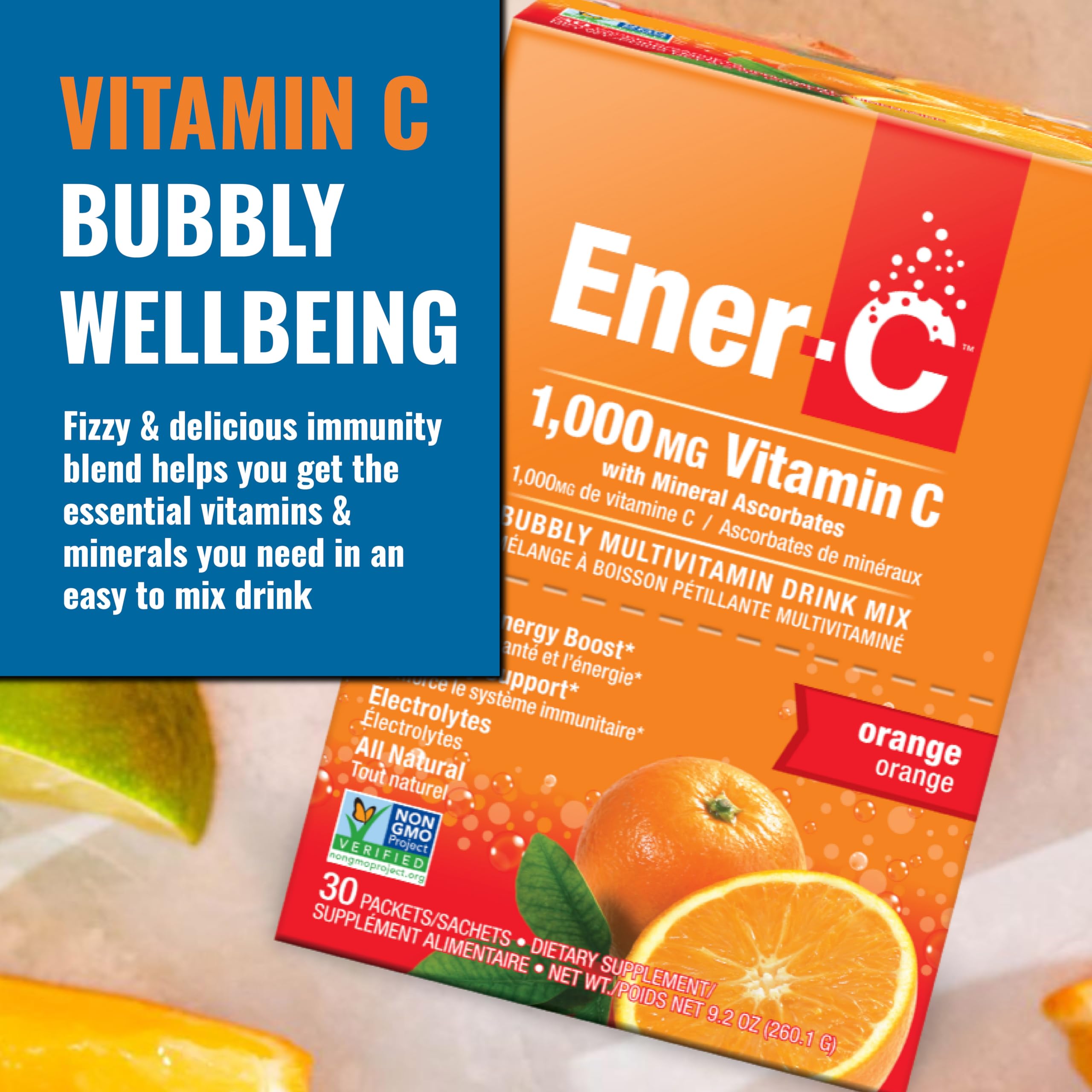 Ener-C orange drink packet held in hand for on the go energy.