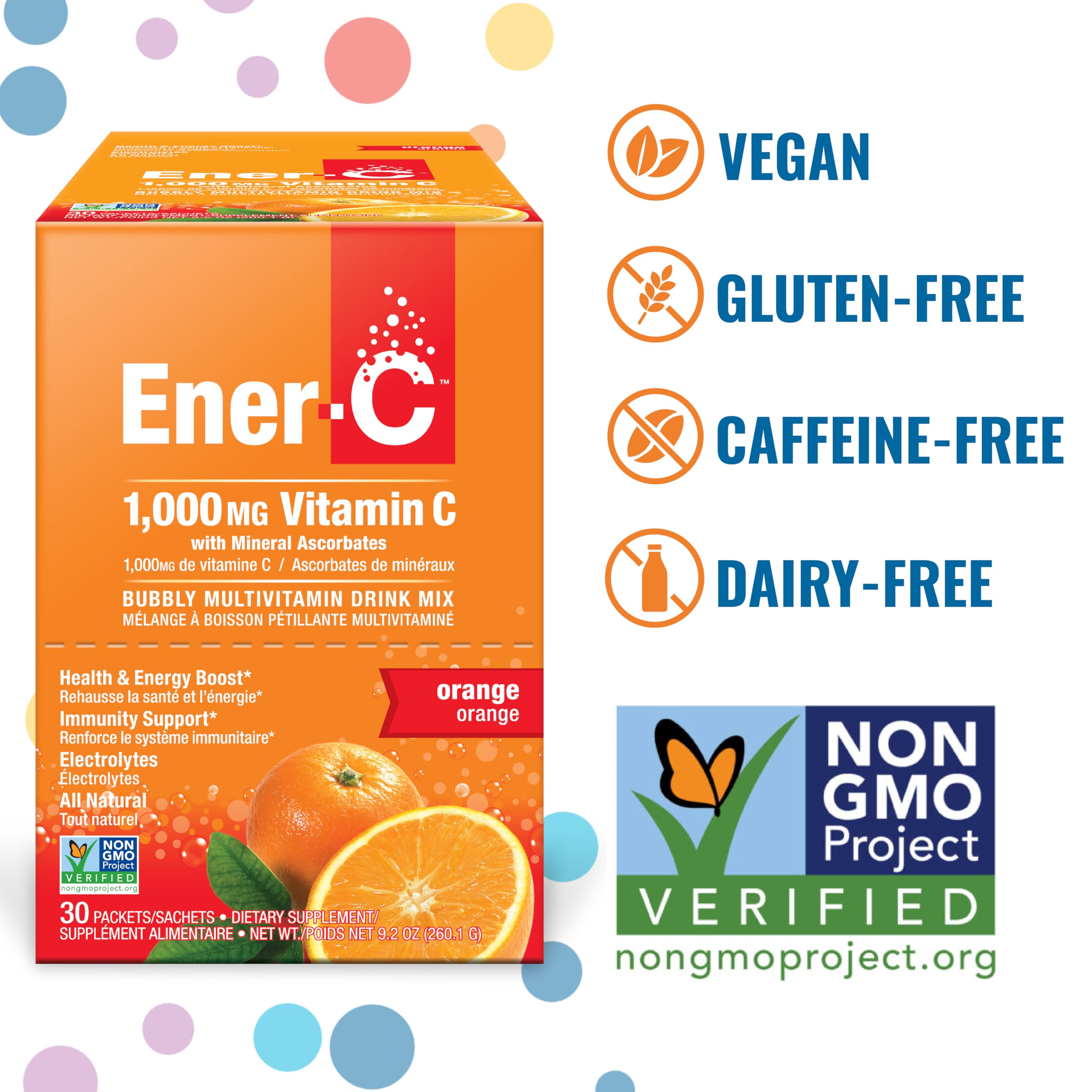 Ener-C orange drink mix on the kitchen counter ready to mix.
