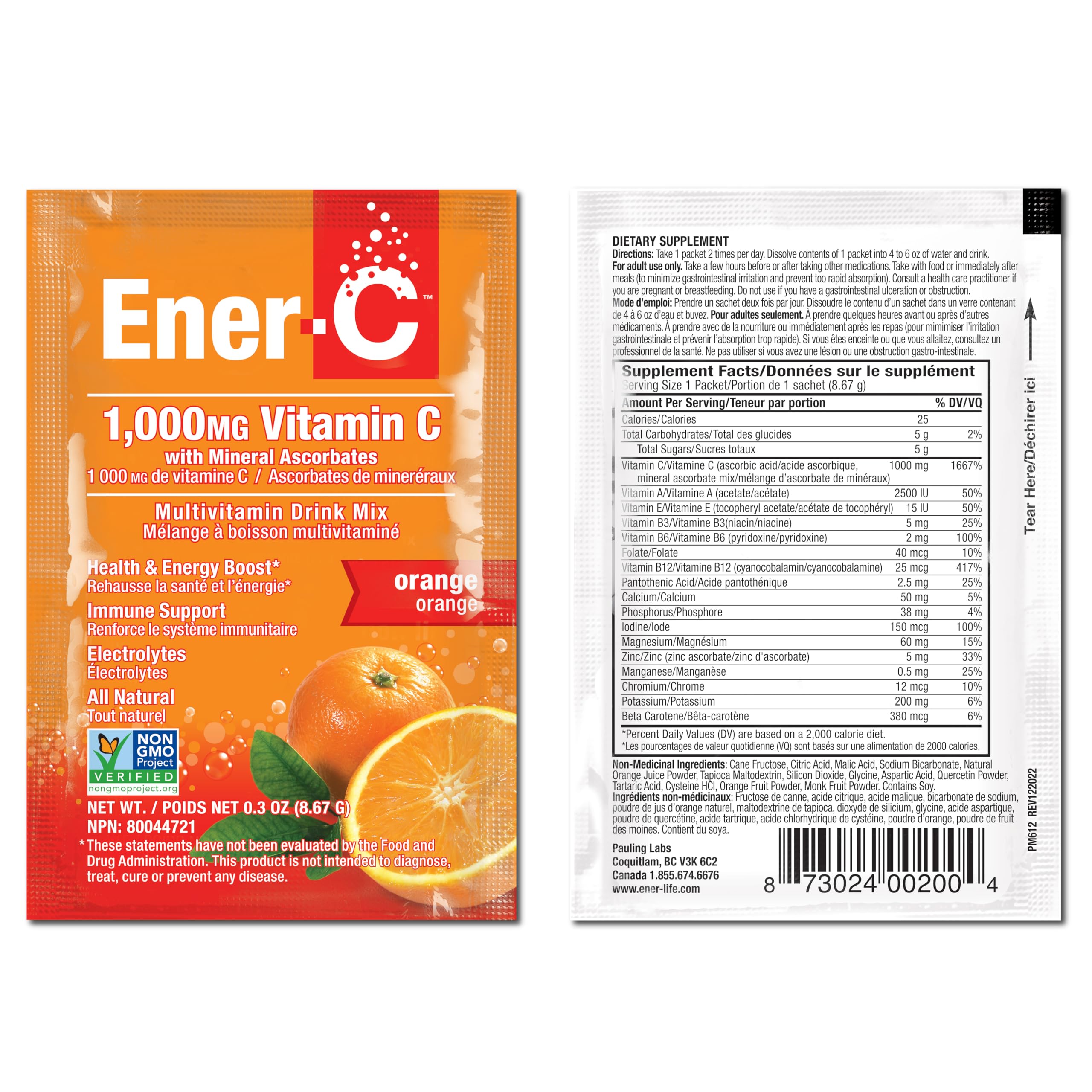Ener-C orange powder dissolving into a glass of water with bright color.