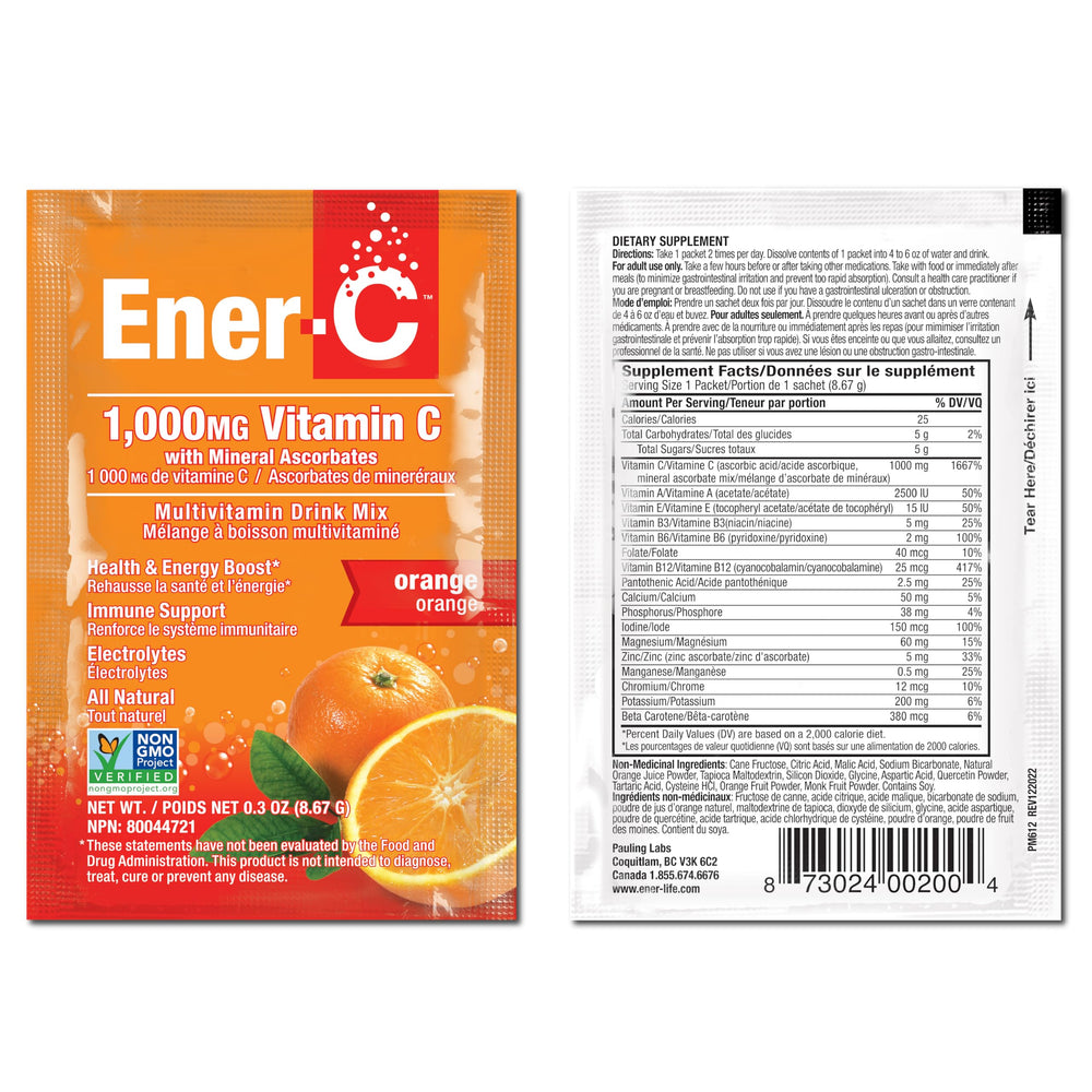 Ener-C orange powder dissolving into a glass of water with bright color.