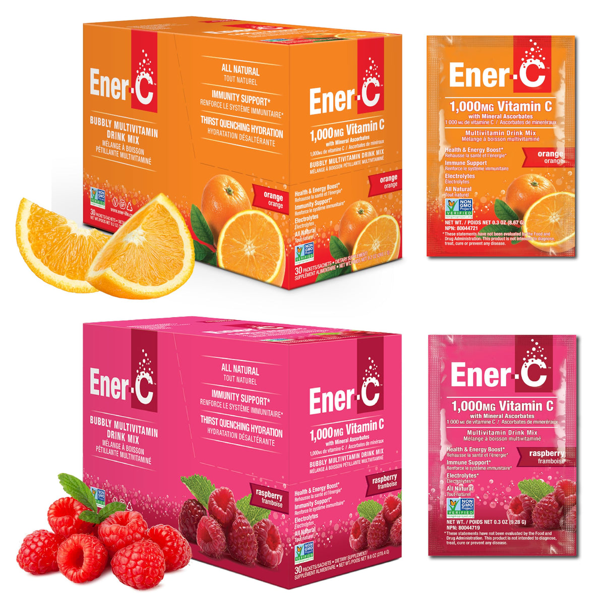 Ener-C orange-raspberry drink mix packets for on-the-go hydration and immune support.