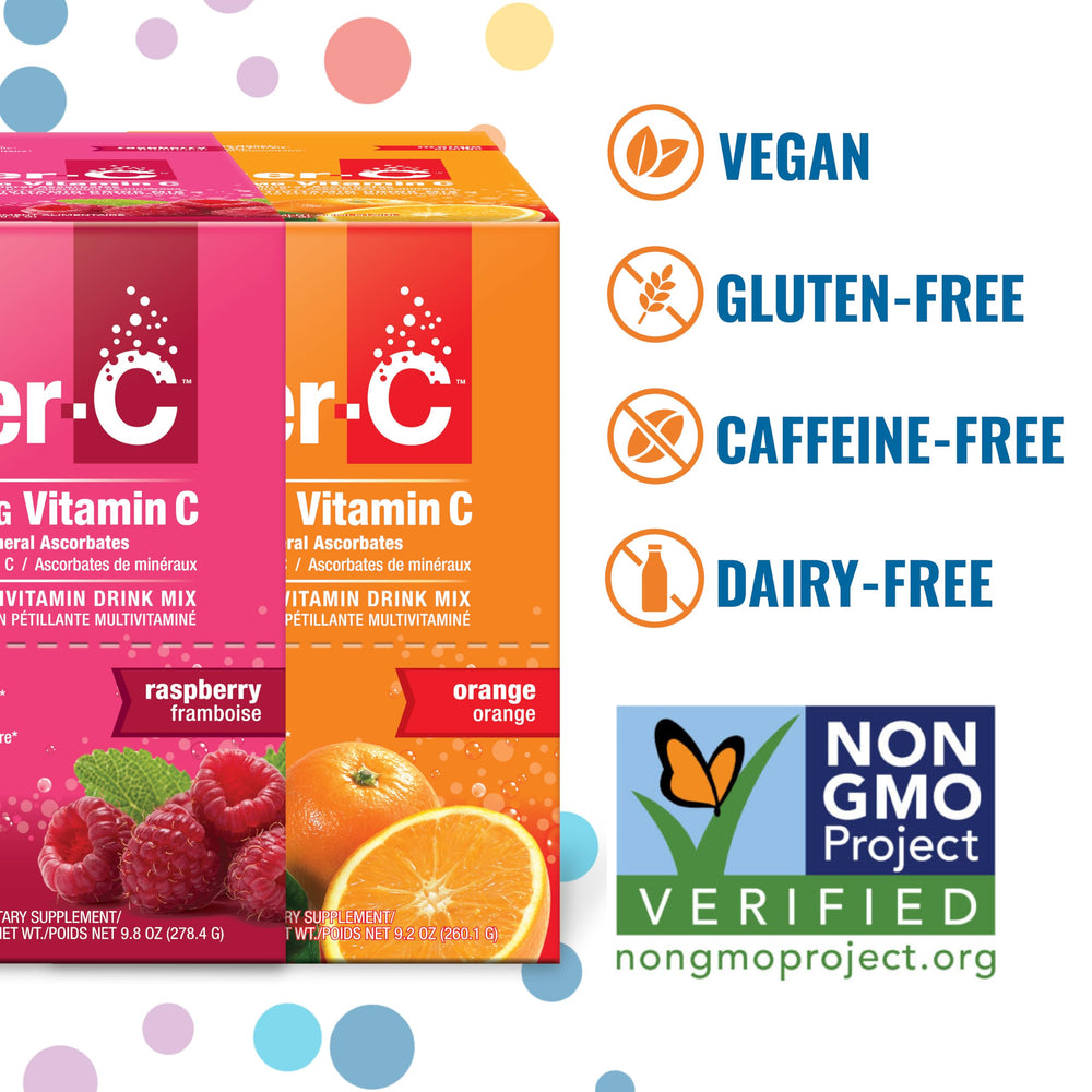 Ener-C packets poured into water for quick vitamin boost.