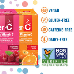 Ener-C packets poured into water for quick vitamin boost.
