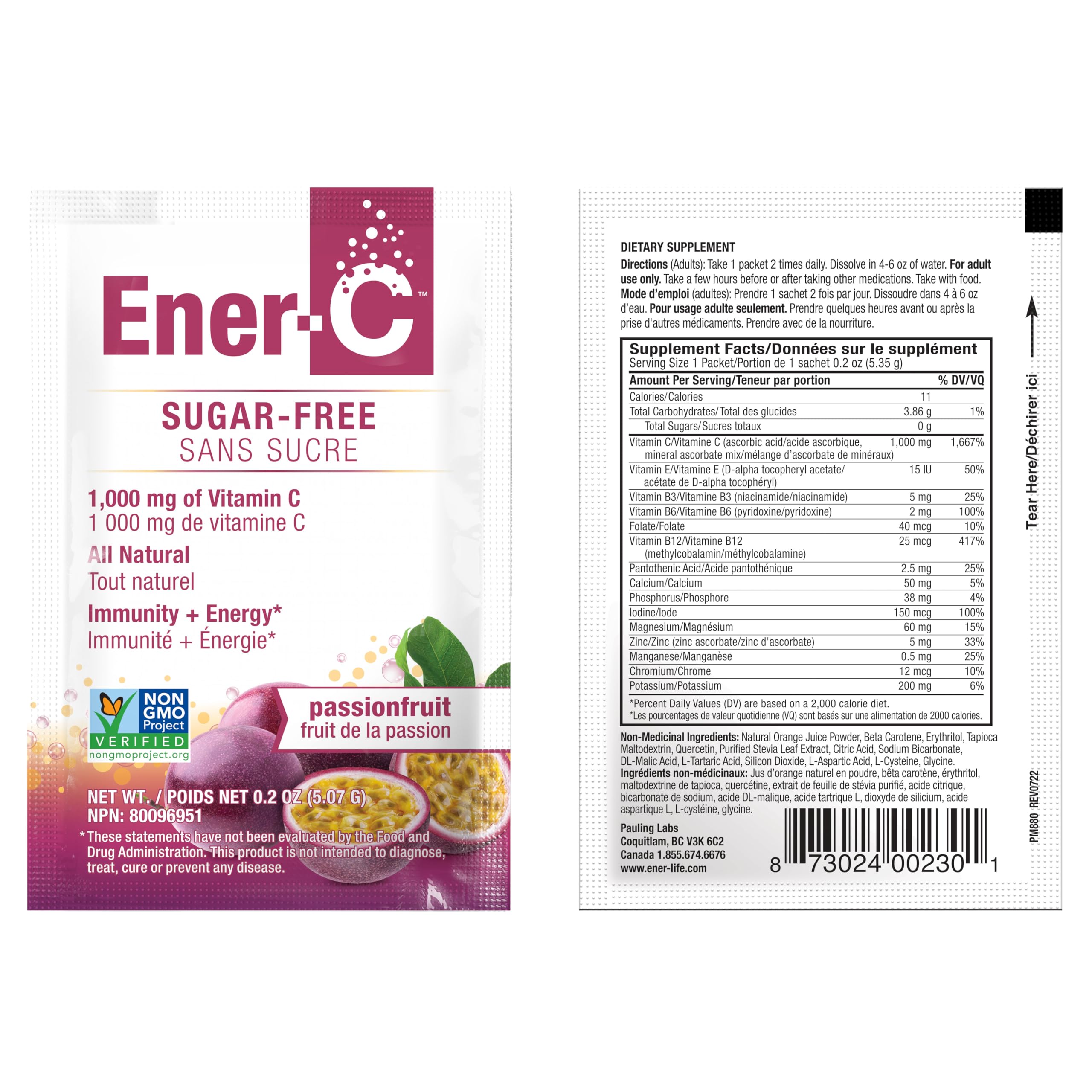 Ener-C passion-fruit flavor pouring into glass highlighting aroma.