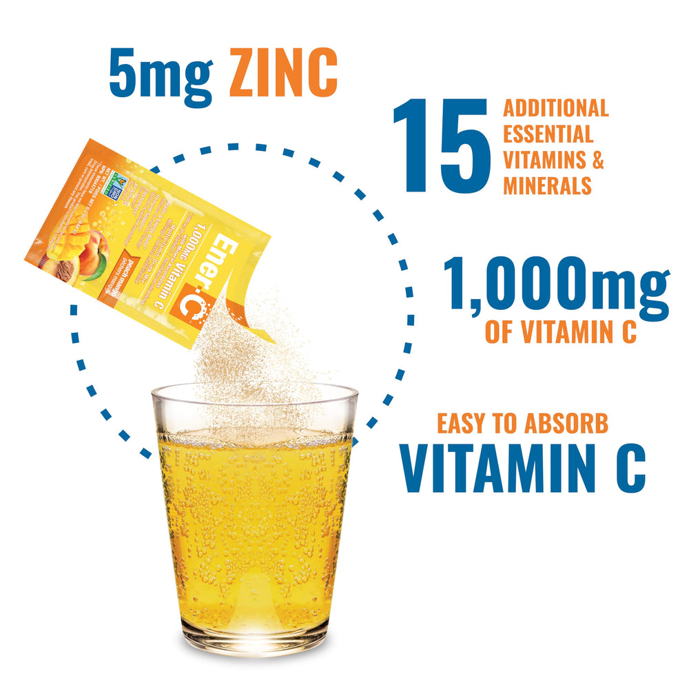 Ener-C Peach Mango drink in a tall glass with vibrant color