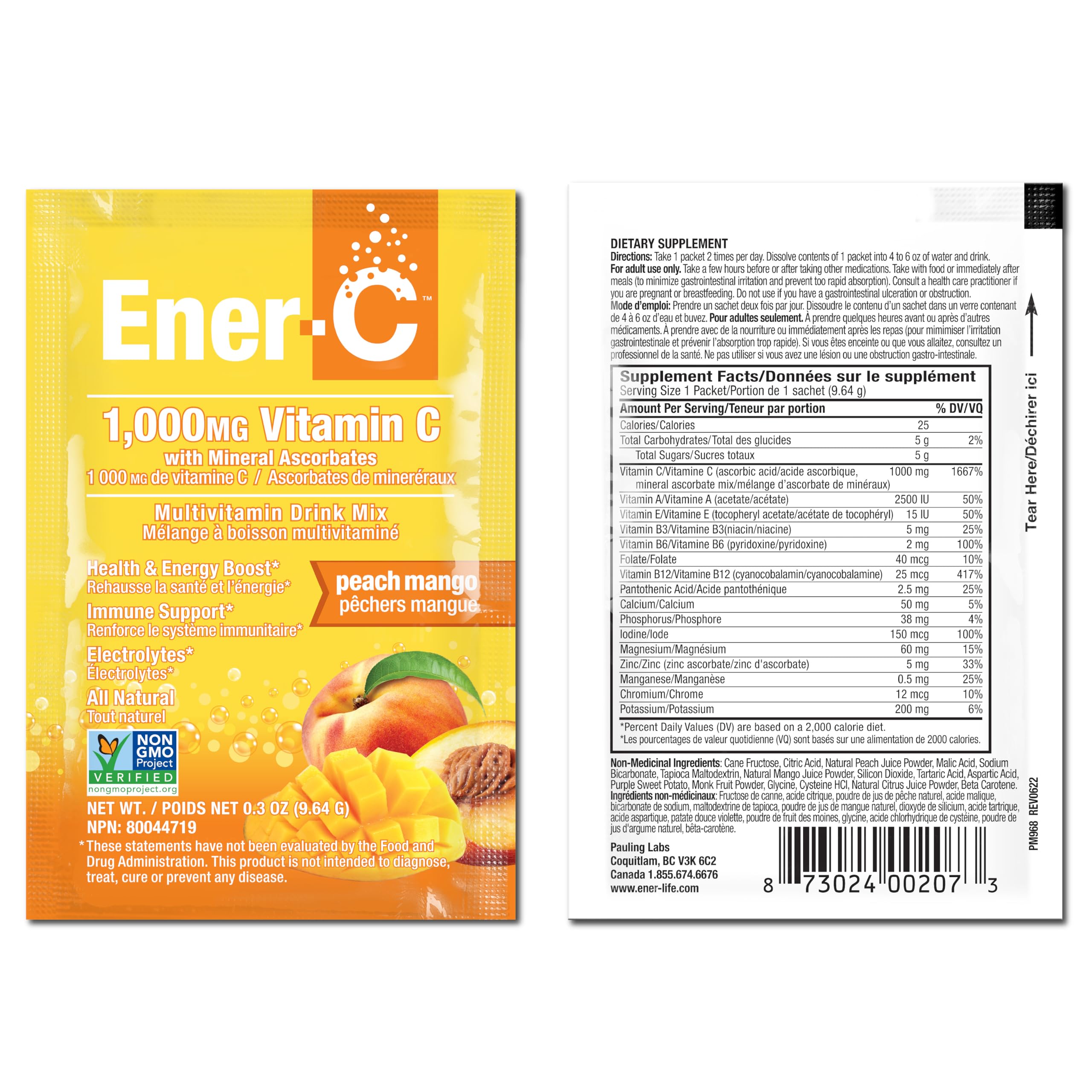 Ener-C Peach Mango travel pack tucked into a bag