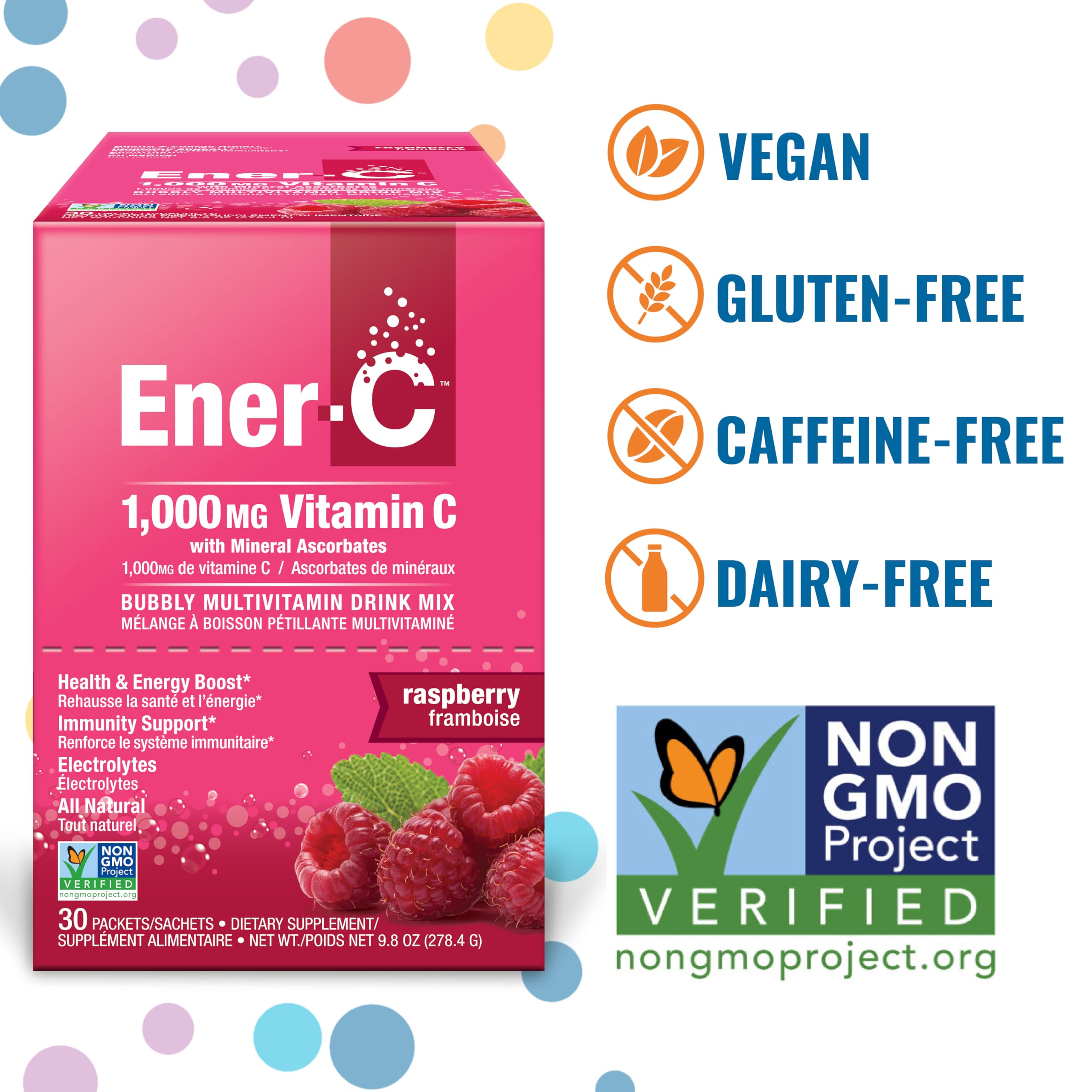 Ener-C raspberry powder closeup highlighting the vitamin-rich formula.