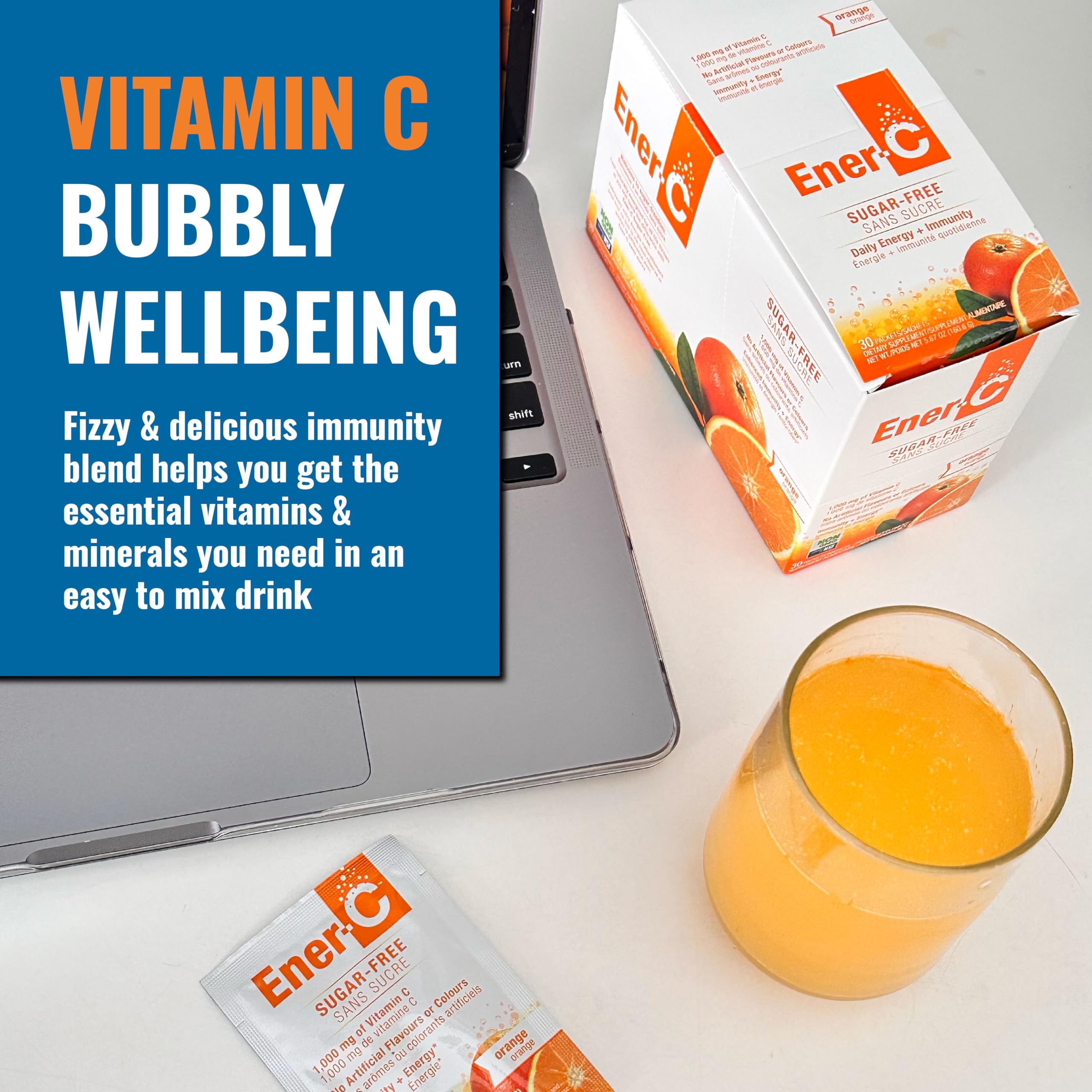 Ener-C sugar-free orange bottle label highlighting 60 packets.