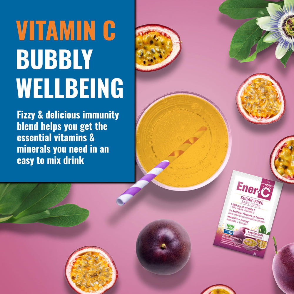 Ener-C sugar-free passion fruit powder dissolving in water for a bright drink.