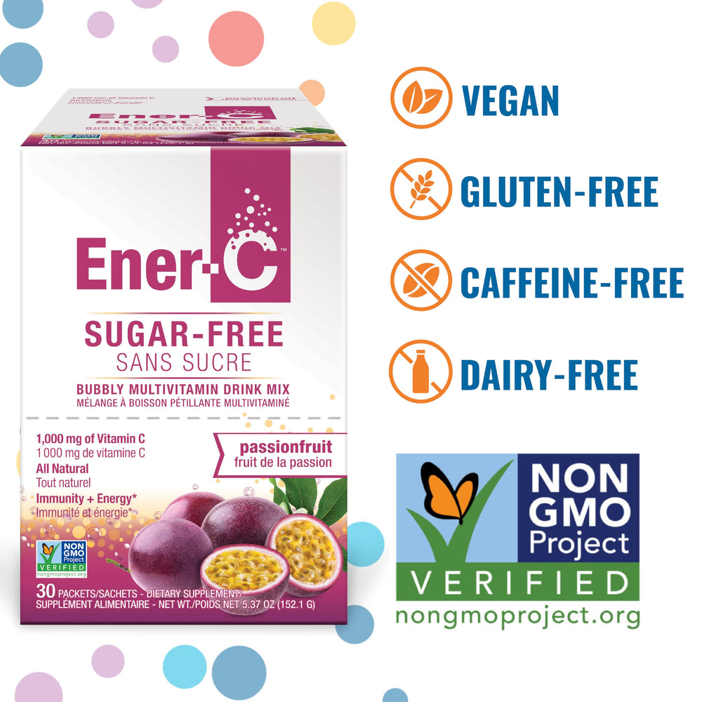 Ener-C sugar-free energy passion fruit powder dissolves quickly for a refreshing drink
