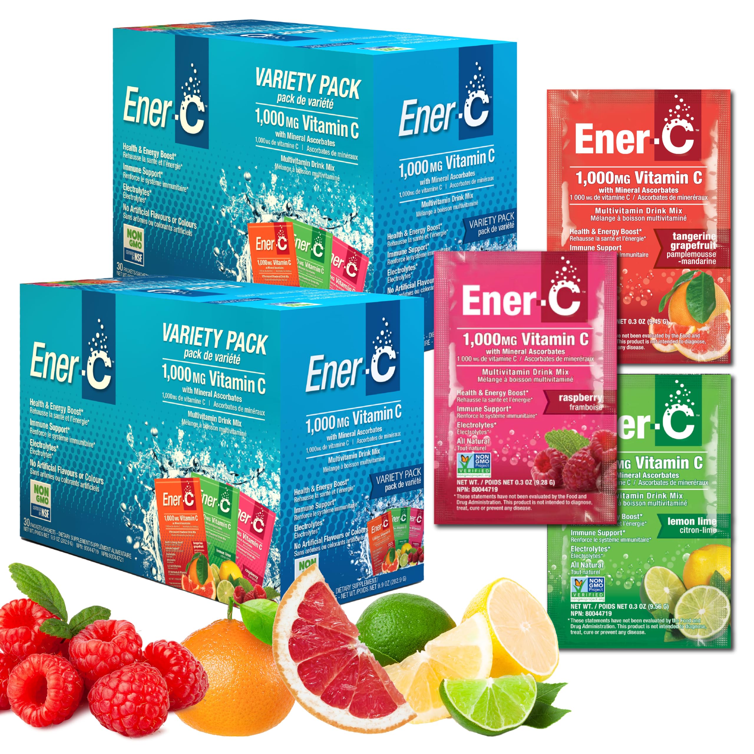 Ener-C variety-pack packets shown for daily hydration and immune support.