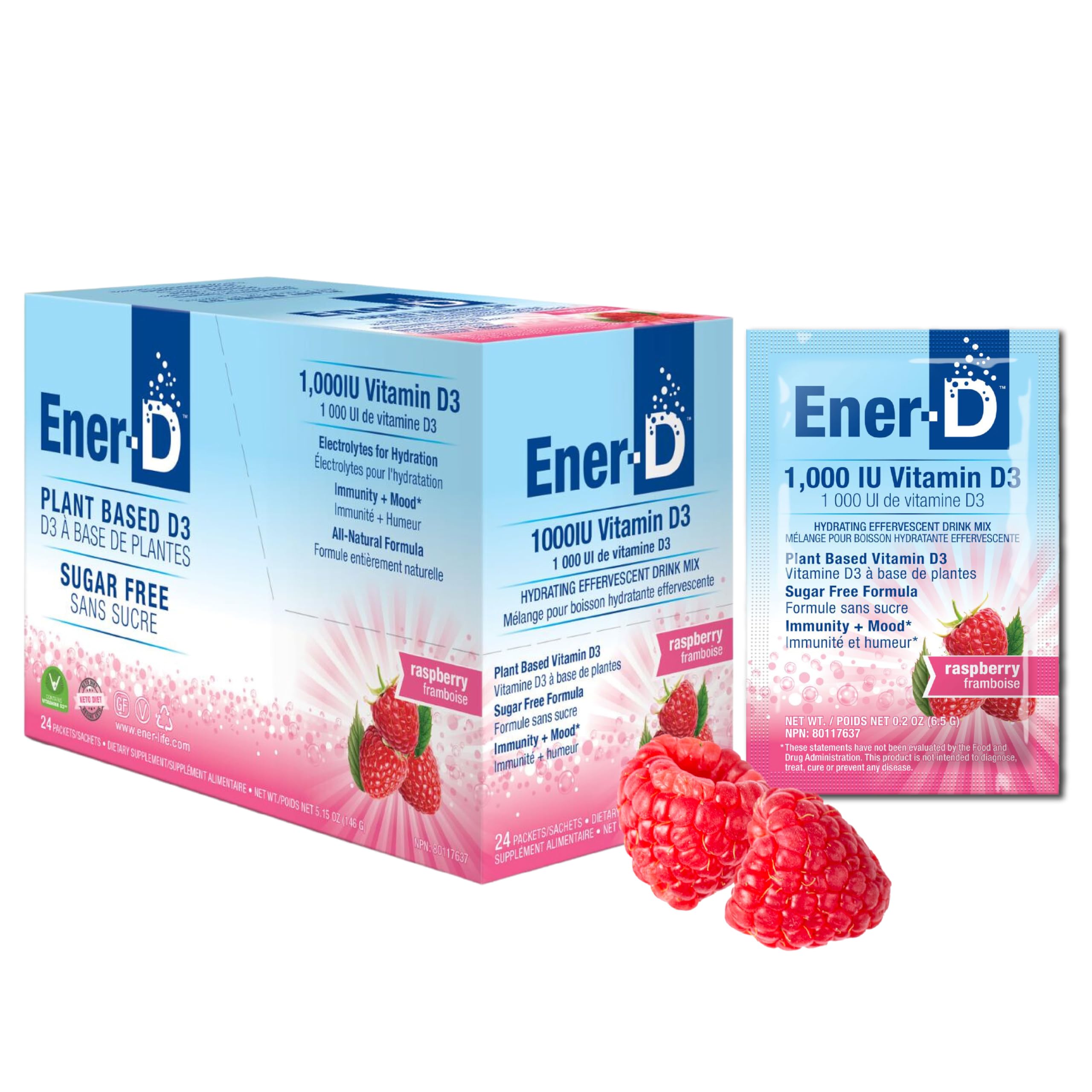Ener-D raspberry flavor packet ready to mix for hydration