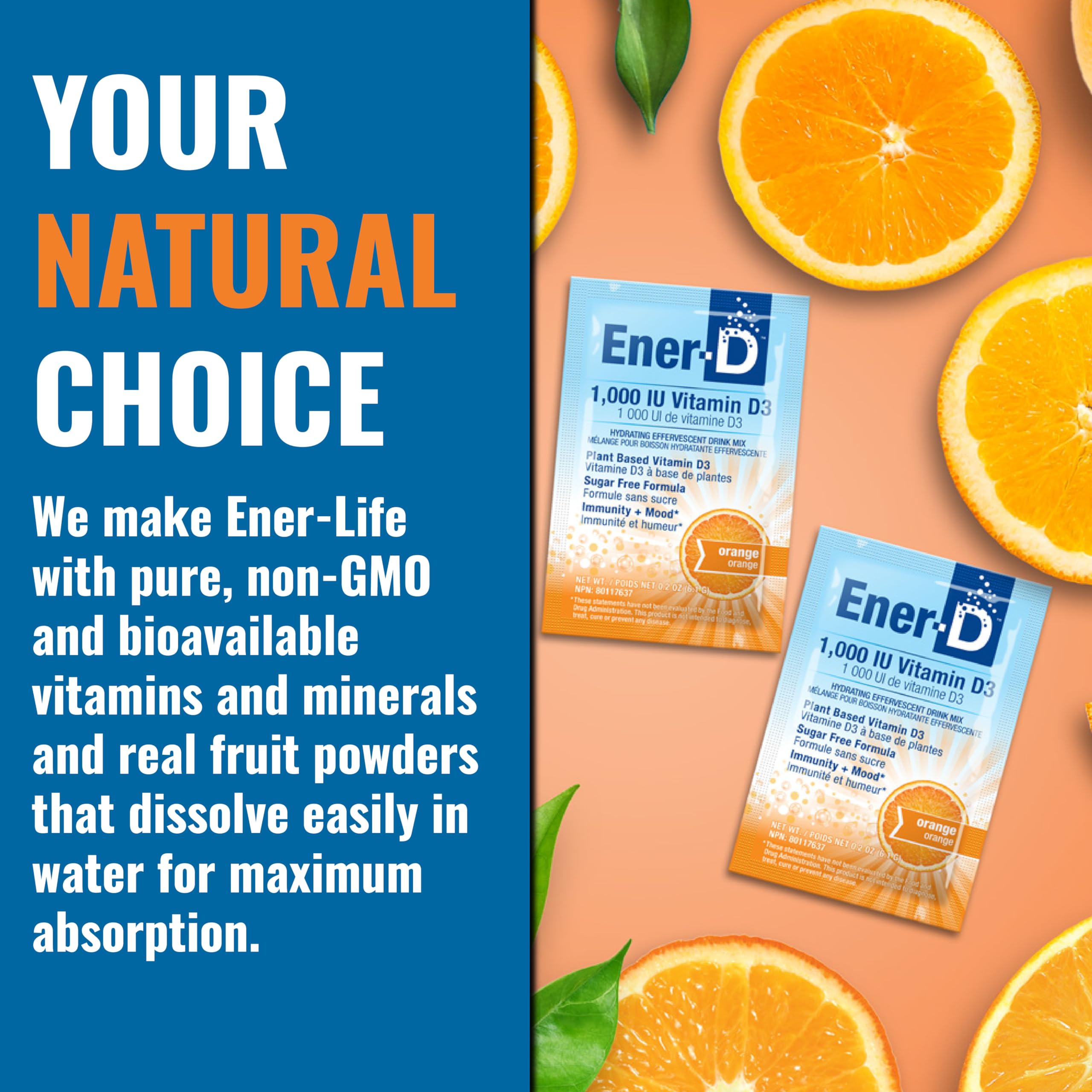 Ener-D bottle highlighting 1000 IU vitamin D3 per serving.