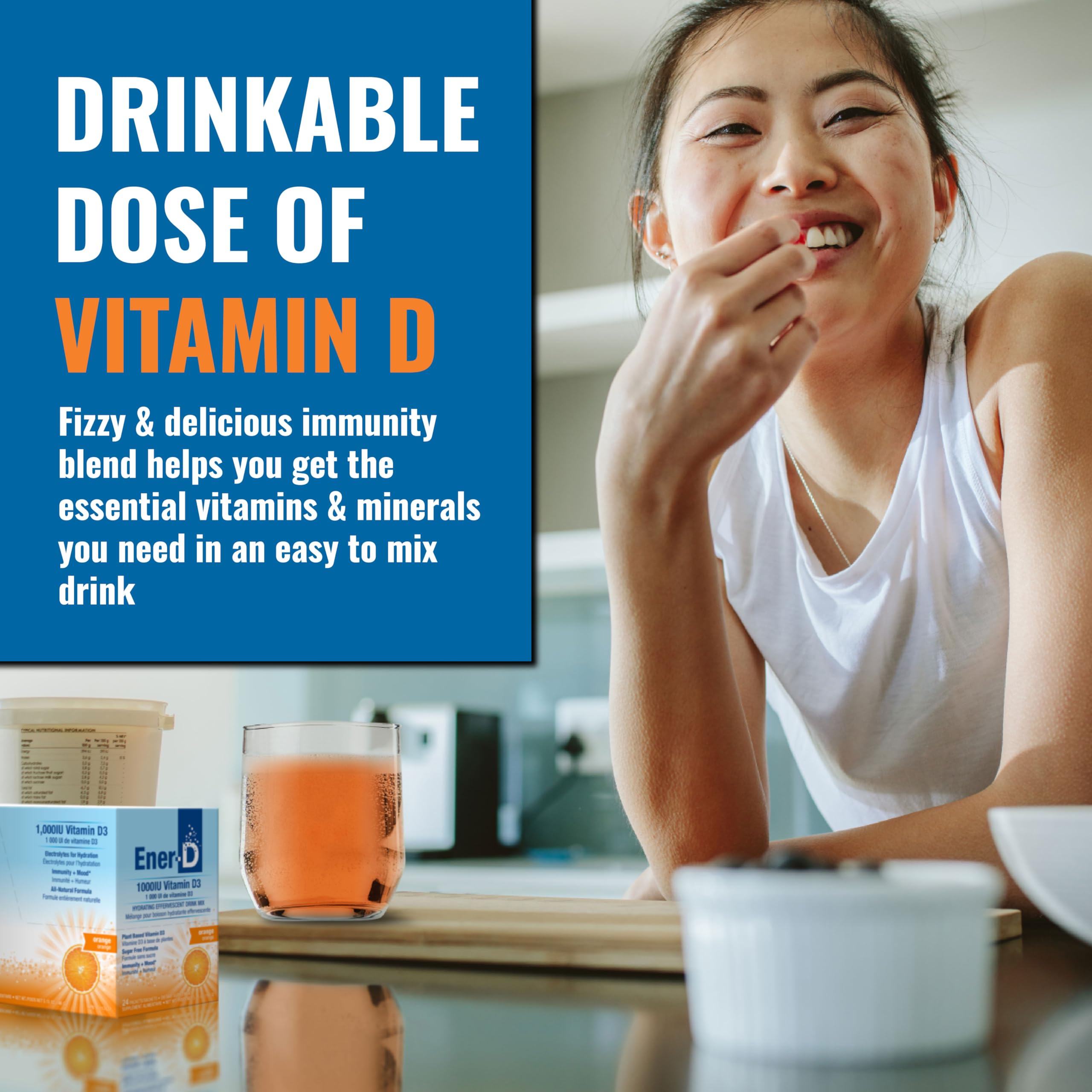 Ener-D effervescent sip with fizz and bright orange color.